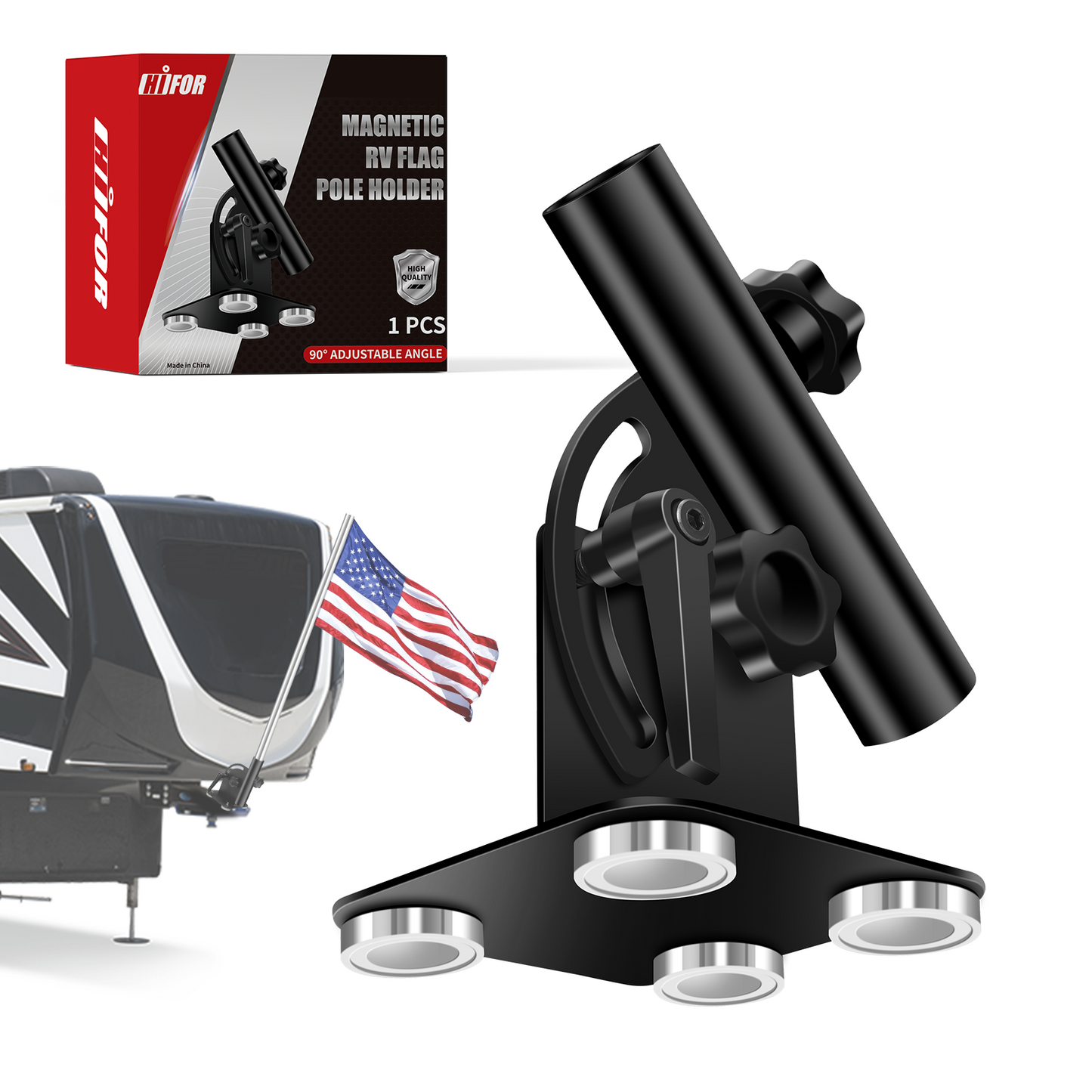 Magnetic Flag Pole Holder for 5th Wheel RV Hitch, Magnetic Flag Holder | 90° Adjustable Angle | No Drilling Required Suitable for Campers, Trailers and 5th Wheel RV