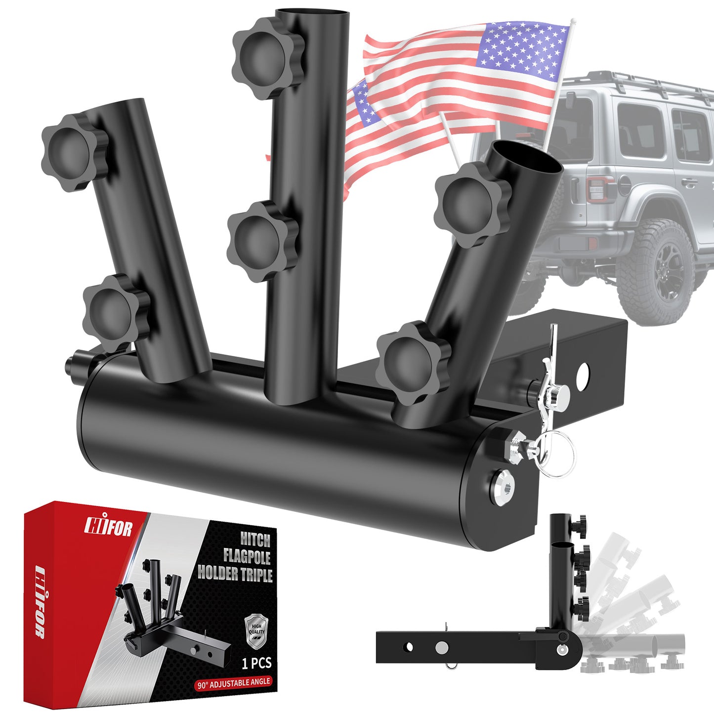Flag Pole for Truck – 90° Adjustable Hitch Flag Pole Holder, Triple Receiver Hitch Flag Pole Mount Kit, Camper Flag Pole Mount for RV, Trailer, Jeep Flag Holder with Rust-Resistant Metal Design